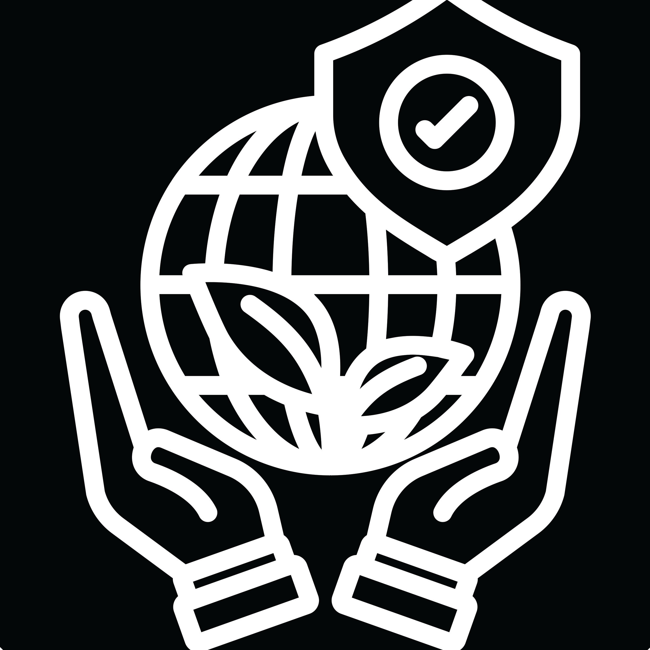 Image of the globe with a badge inside two palms
