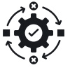 an icon image of a check mark inside a gear circle and  arrows around it indicating a flow